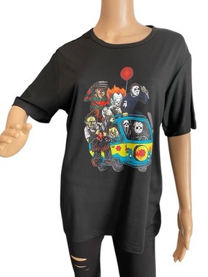 Unisex, Horror Movie Villains in Scooby Doo Van, T-Shirt, Size 2XL