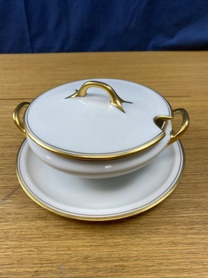Pickard Gold Rim 6  Covered Vegetable Bowl w/Attached Under Plate