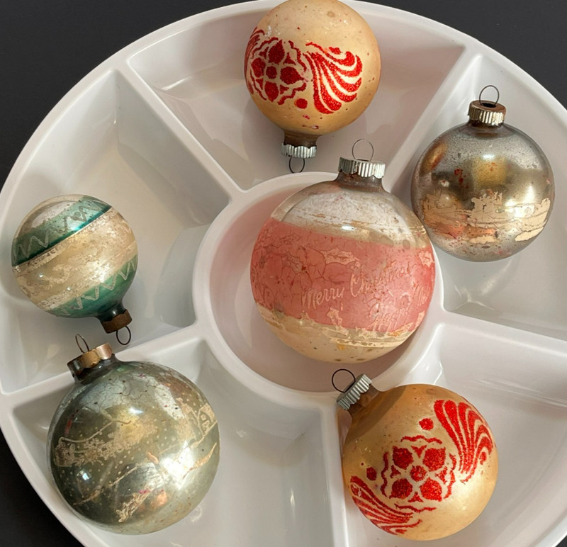 6 Vintage Shiny Brite Mixed Mica Glitter Mercury Glass Christmas Ornaments READ