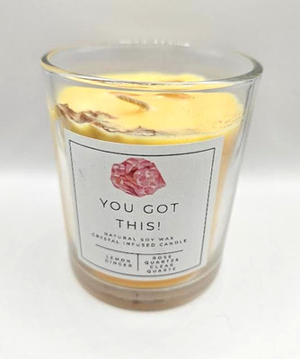 You Got This! Natural Soy Wax Crystal Candle Lemon Ginger Rose And Clear Quartz
