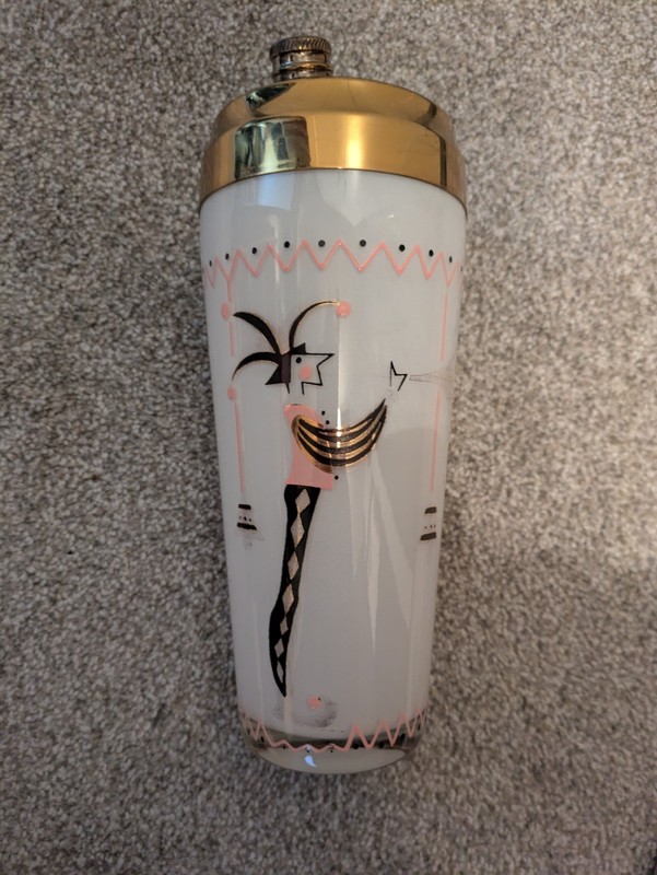 Vintage Art Deco Martini Shaker white pink & Black Jester figure  Bronze lid