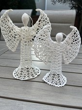 Crochet Lace Angels Handmade Stiffened White  Ivory Xmas Granny Decor Set Of 2