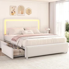 Queen Boucle Upholstered LED Bed Frame with Storage Drawer and Adjustable Chi...