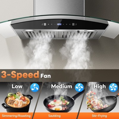 30'' Wall Mount Range Hood 700 CFM 3 Speed Exhaust Fan Kitchen Glass Stove Vented