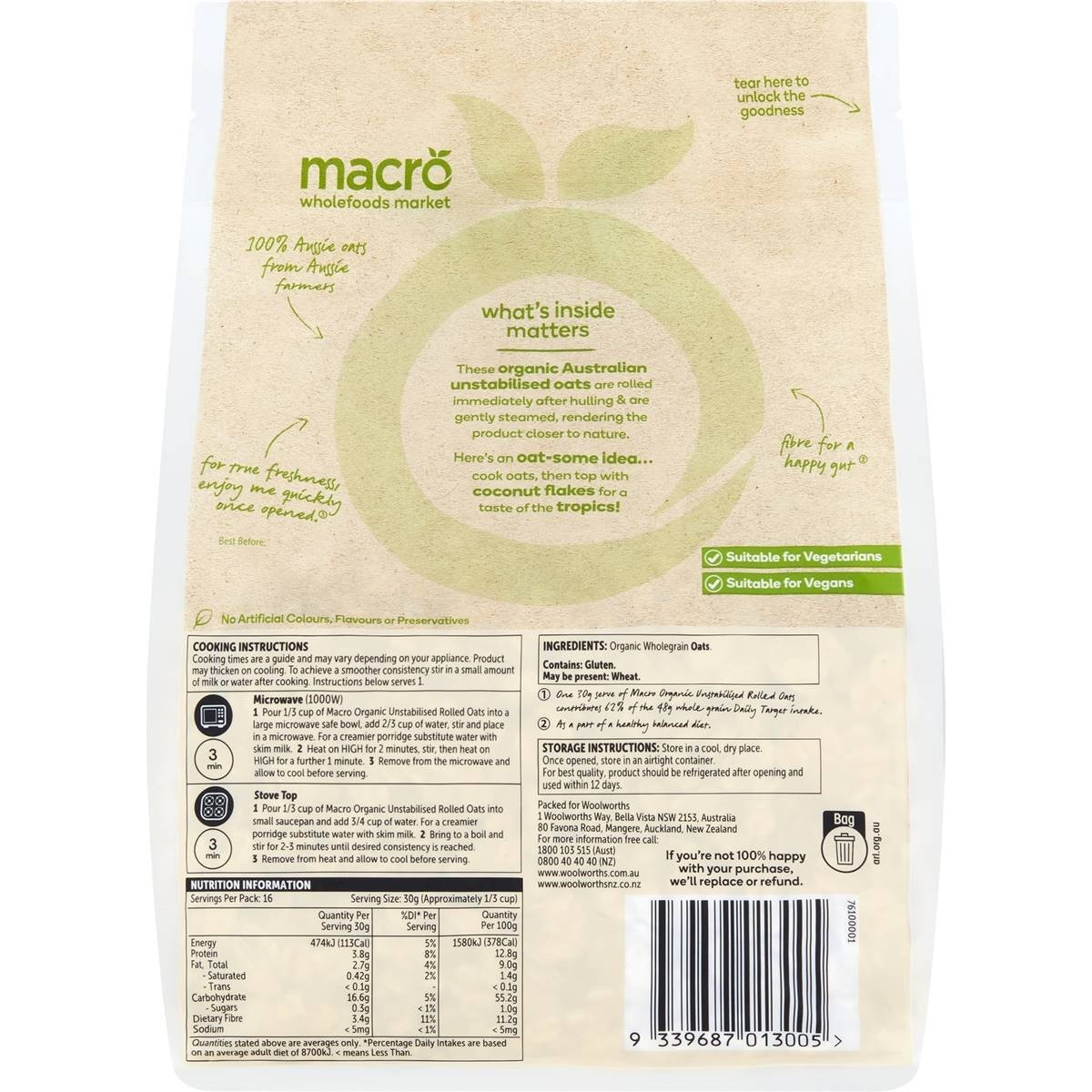 Macro Organic Oats Rolled Unstabilised 500g | eBay Australia