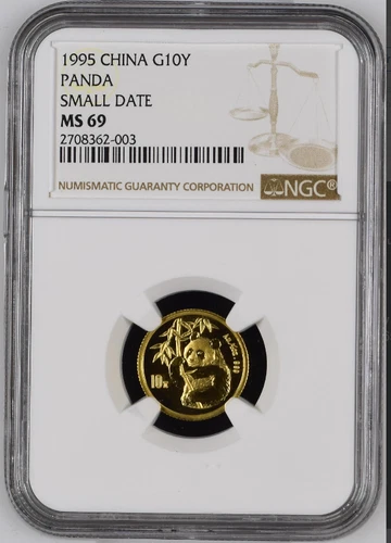 1995 SMALL DATE CHINA PANDA GOLD 1/10 oz 10 YUAN G10Y SMALL DATE NGC MS69