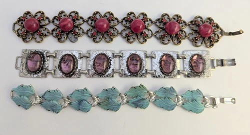 Vtg Costume Jewelry Link Panel Bracelet Lot Glass Lucite Rhinestone