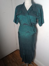 Vintage Green Satin Dress With Black Paisley Jacquard Design Size 10-12
