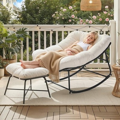 ONBRILL Papasan Rocking Chair & Ottoman Set Cream White Outdoor Lounger