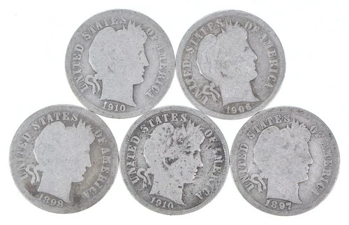 Better Lot 5 1910-D 1906-D 1898 1910-D 1897 Barber Dime 0.50 Face *232