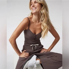 Vuori Pose Henley Jumpsuit Ribbed Knit Drawstring Waist Taupe Medium