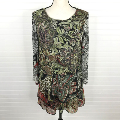 DESIGUAL Tunic Top Shirt Size S Tiered Stretch Knit Long Sleeve Mesh Printed