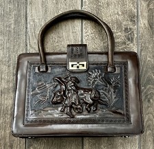 Vintage Tooled Leather Matador Bull Fighter Aztec Cactus Purse Handbag Mexico