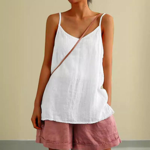 Women Summer Cotton Linen Sleeveless Vest T-Shirt Casual Tank Tops Tees Tunic - Picture 3 of 16