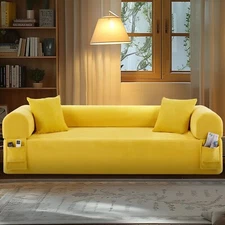 Floor Couch - 3 Seats Compression Sofa with Pillows Hybrid Sofa Pocketed Spring