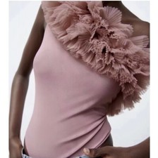 New Zara Ruffed Tulle Bodysuit Size Medium One Shoulder
