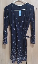 NWT Loft Petites Black Print Wrap Dress Asymmetrical Closing Long Sleeve Mp