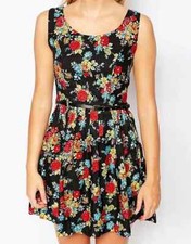 ASOS Iska Black Red Roses Belted Floral Skater Dress US 12 UK 16 L