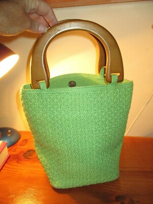 Talbots woven straw bucket purse with wooden handles 12'' x 10''