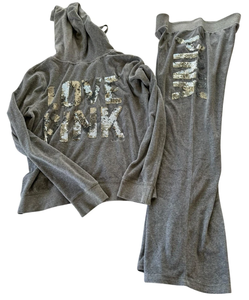 Sudadera con Capucha Vintage Rosa Victorias Secret Gris Terciopelo Plateado Lentejuelas S/L Foto 2 de 4