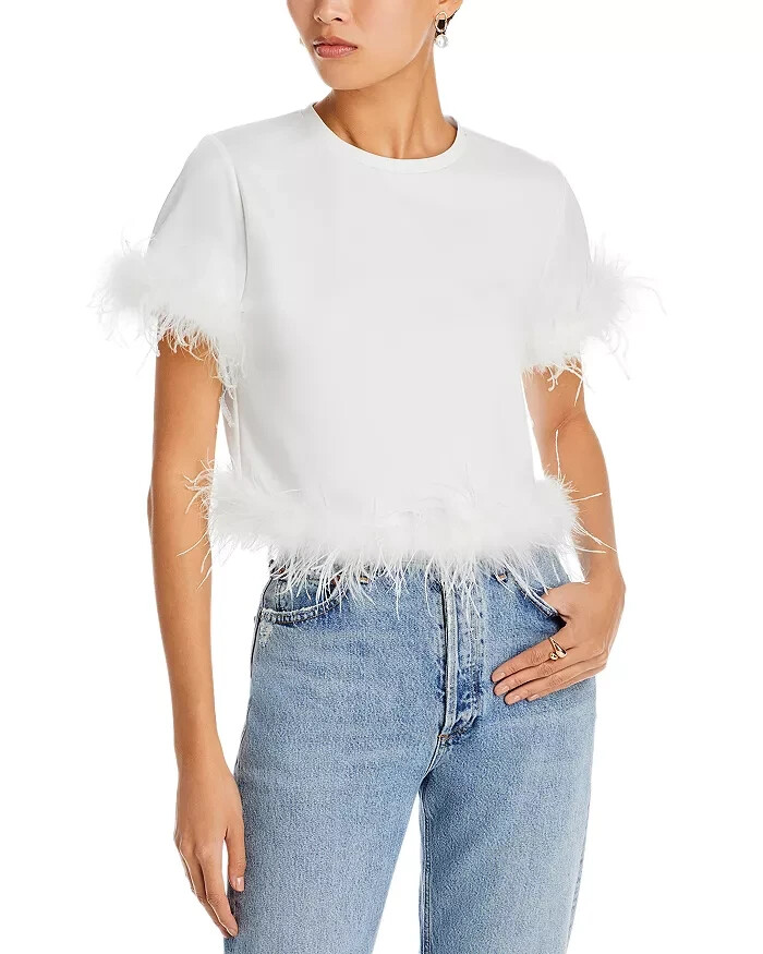 Aqua L141808 Womens White Feather Trim Short Sleeve Top Size