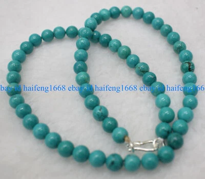 100%Natürlich 6mm Blau Türkis Edelstein Perlen Halskette 18" Silber Verschluss - Bild 1 von 4