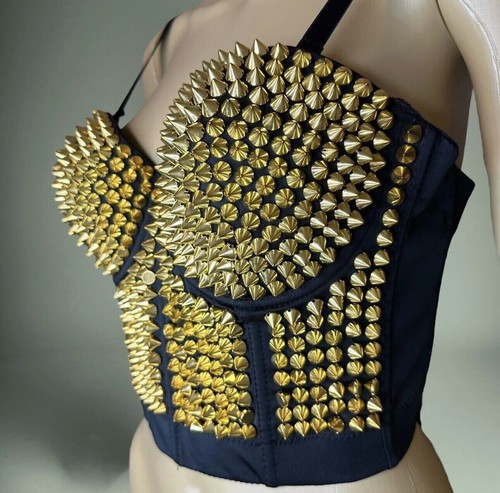 Women Cropped Top Corsets With Rivets Studs Size 40B Gold Black Stretch Bustiers - Picture 4 of 19