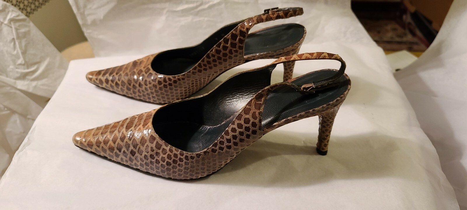 All leather buff goldwash python slingback pumps … - image 1