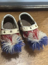 Vintage Antique Greek Ethnic folk dance child shoes Red Leather 6” With Pom Poms