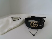 Gucci Pearl Double G Black Leather Belt 