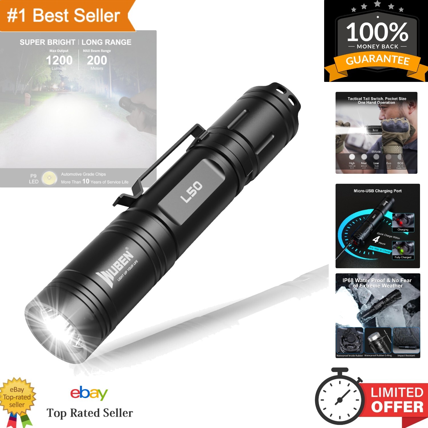 Compact 1200 Lumen Tactical LED Flashlight - Lightweight USB Rechargeable Design