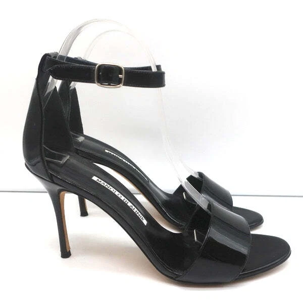 Sandálias Manolo Blahnik Tres tira no tornozelo couro envernizado preto tamanho 39 - Imagem 2 de 4