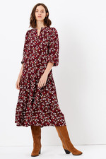 M&S Dark Red Floral Tiered Midi Dress Size XL 20 22 NEW Ditsy RRP £49