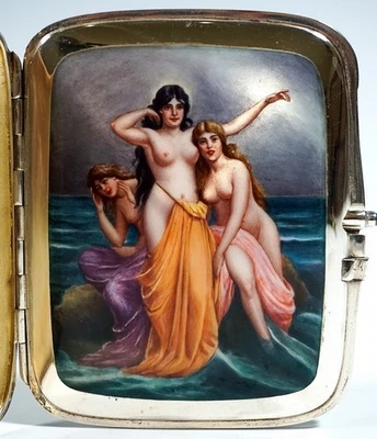 SILBER TABATIERE ZIGARETTEN ETUI EMAILLE MALEREI NYMPHEN AM MEER DEUTSCH SILVER - Bild 1 von 4