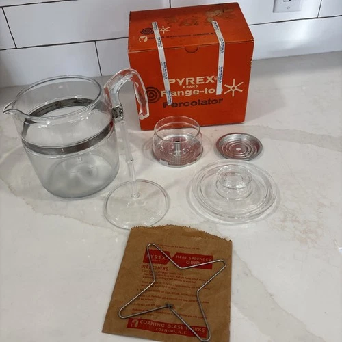 VTG Pyrex Boxed Clear Glass Coffee Percolator 7759-B 9 Cup Pot W/ Heat Spreader