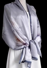 100% Silk Scarf Women neckerchief long Shawl Wrap floral gray beige MY225-18