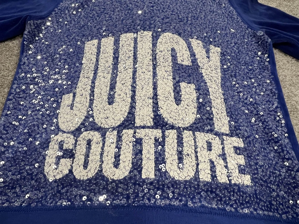 Juicy Couture Hoodie Womens Medium Blue Velour Full Zip Sequin Back Logo Jacket - Image 3 of 4