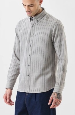 NWT Defacto Studio Modern Fit Gray Navy Pinstripe Button Up Shirts Sz XXL