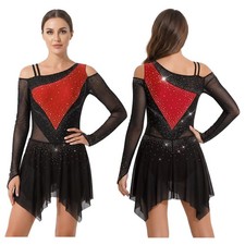 Womens Dancewear Color Block Bodysuit Lyrical Dress Hem Irregular Costume Mesh