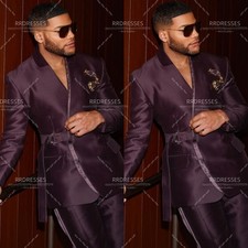 Silk Satin Men's Suit with Belt Party Casual Prom Evening Jacket Pants Banquet