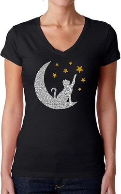 La Pop Art X1050 Women's Word Art Cat Moon V-Neck T-Shirt - Black 2XL