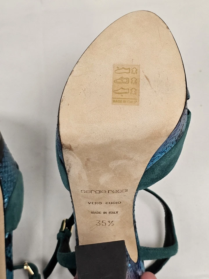 Sergio Rossi Elaphe Azul/Verde Gamuza Pitón Cuero Plataforma T-Correa Talla 5.5 Foto 4 de 4