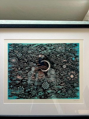 Large Framed Original Woodcut Celestial Space signed Valerie Lueth Tugboat Print