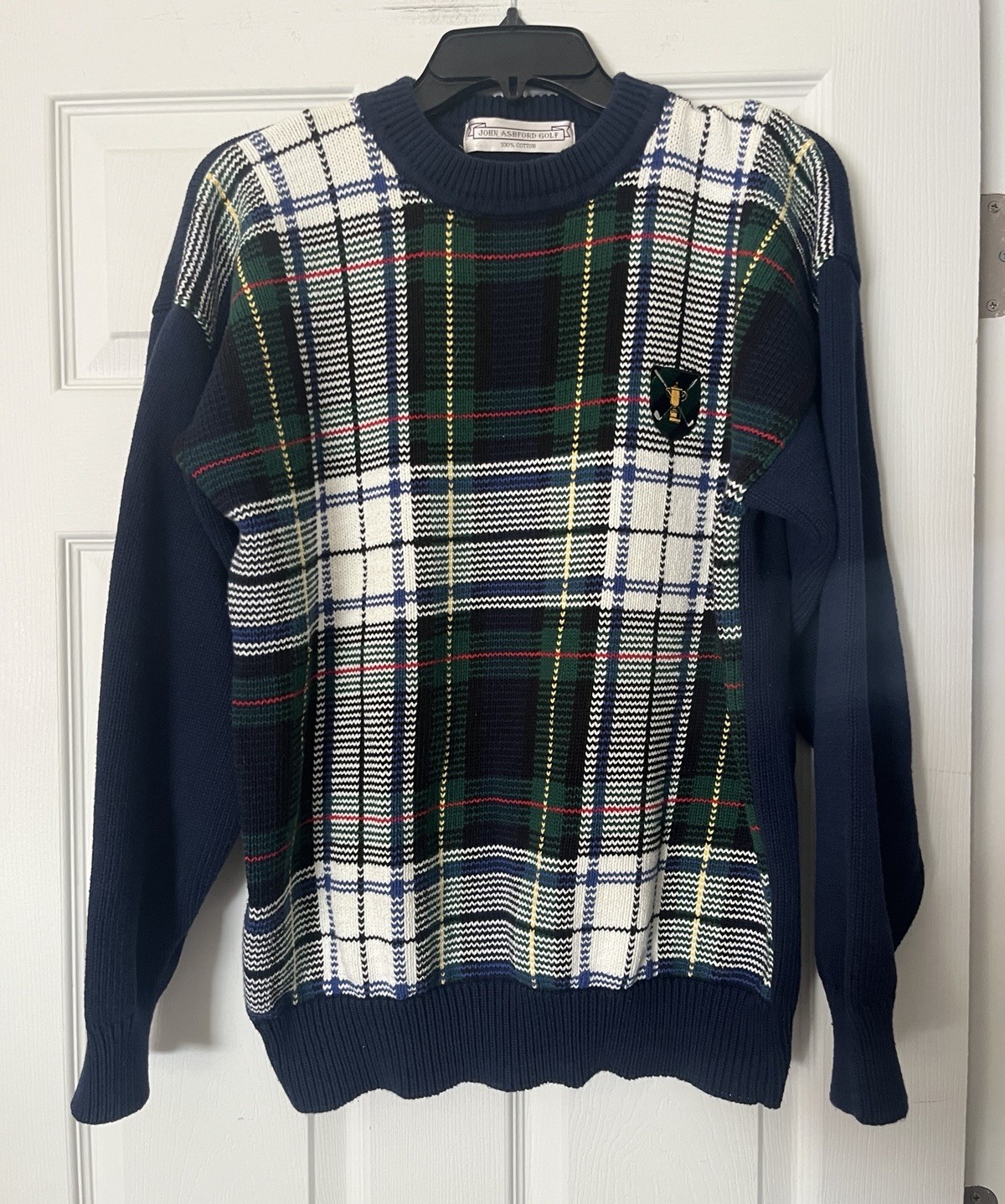 Vtg Navy Blue Plaid Men's Medium 100% Cotton Heavy Sweater John Ashford Preppy