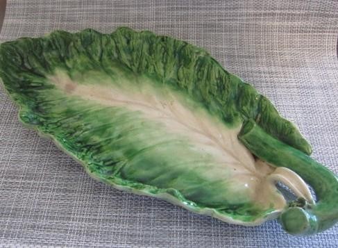Antique Green Majolica Cabbage Leaf Dish w/ Stem 11" Long - Picture 5 of 10