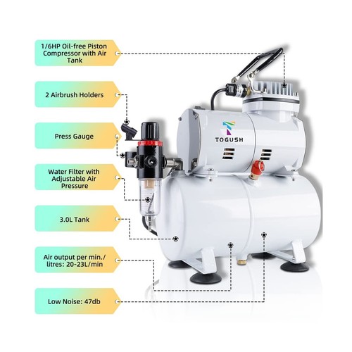 T TOGUSH Lufttank Kompressor mit Schwerkraft Airbrush und Siphon Airbrush 15 Col... - Bild 5 von 7