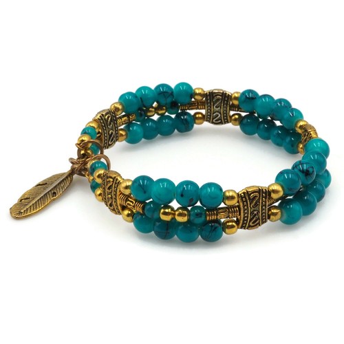 Turquoise Black Vein Glass Gold Tone Bead Feather Charm Wire Fashion Bracelet - Picture 8 of 14