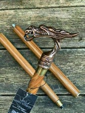 Vintage Aluminum Head Dragon Handle Walking Stick Wooden Designer Brown Cane