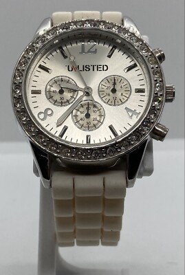 New KENNETH COLE UNLISTED Ladies Watch Fresh Battery Silver Iced Case White Band