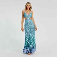 Mac Duggal 6077 Blue Thin Strap Cut Out Evening Gown With Ombre Sequins Sz 6 NEW